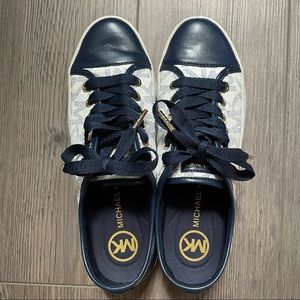 Michael Kors MK Navy Blue & White Monogram Faux Leather Sneakers
